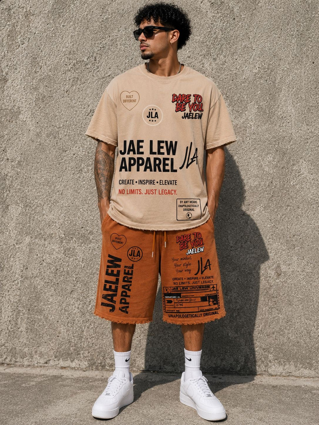 “JaeLew No Limits Graphic Shorts – Washed Caramel.”
