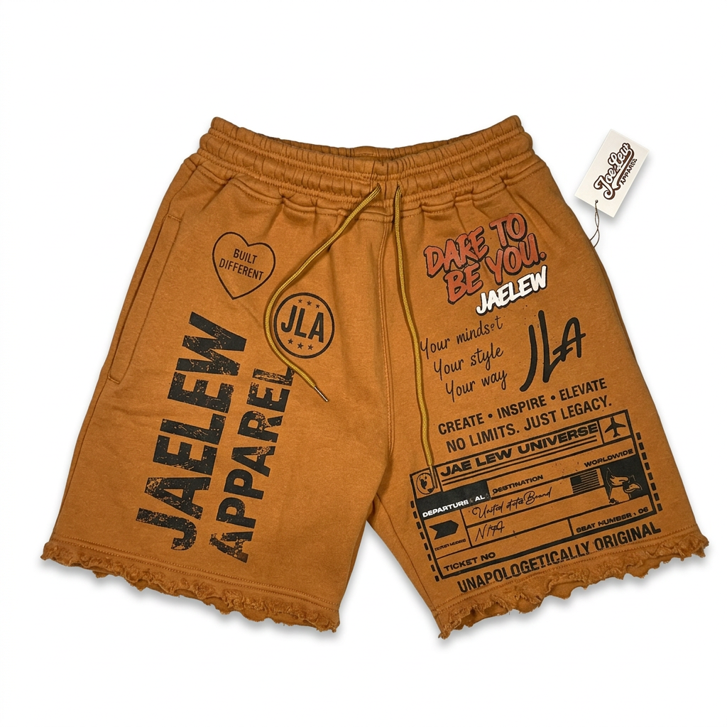 Caramel JaeLew shorts on a white background
