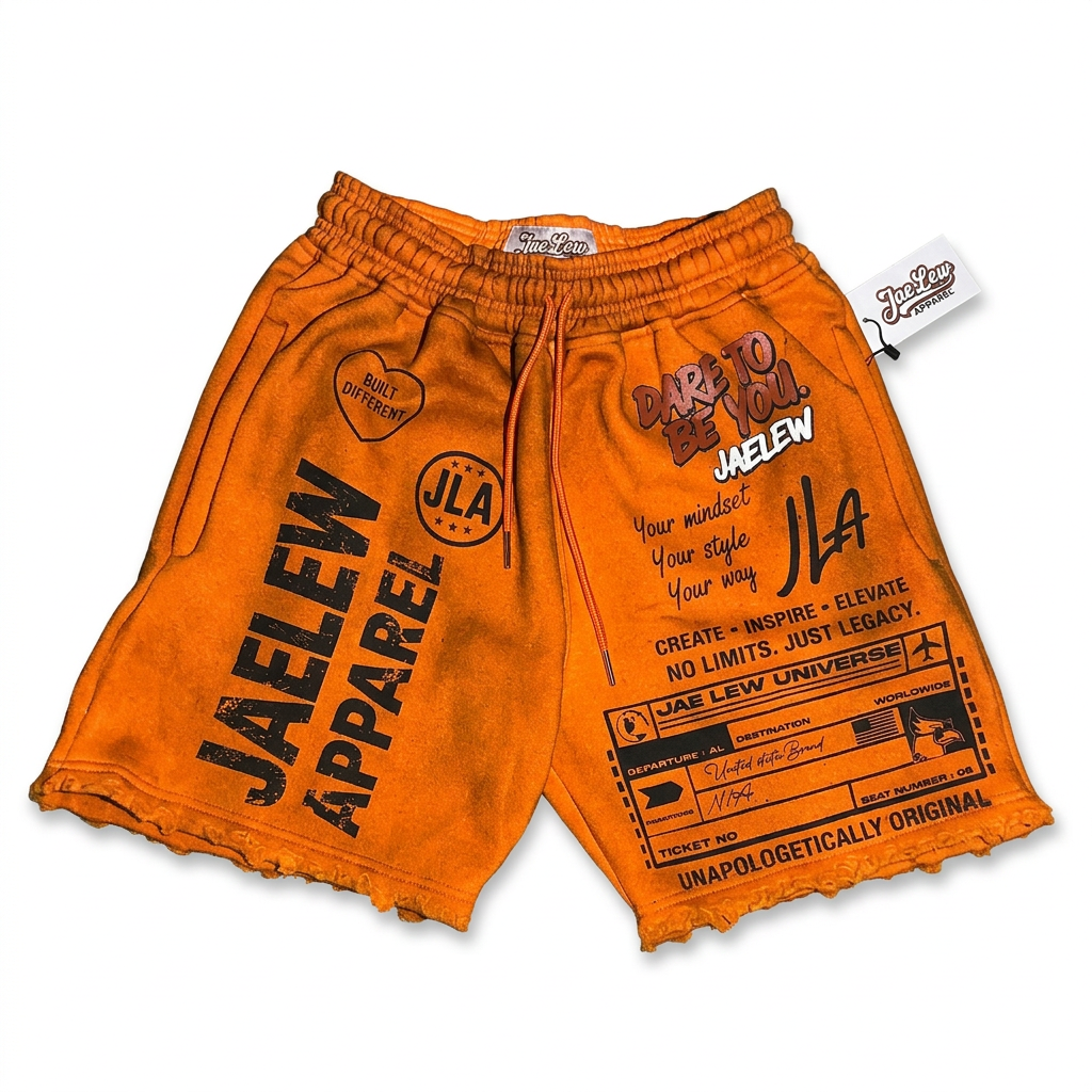 Orange JaeLew shorts on a white background